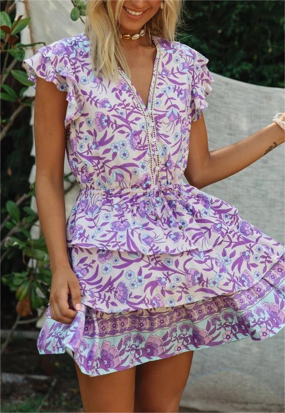 Autumn Winter Women Clothing Short Sleeve Ruffle Sleeve Printed Dress