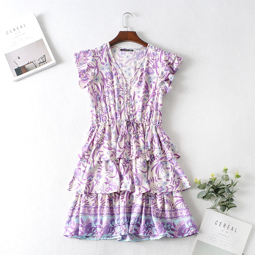 Autumn Winter Women Clothing Short Sleeve Ruffle Sleeve Printed Dress