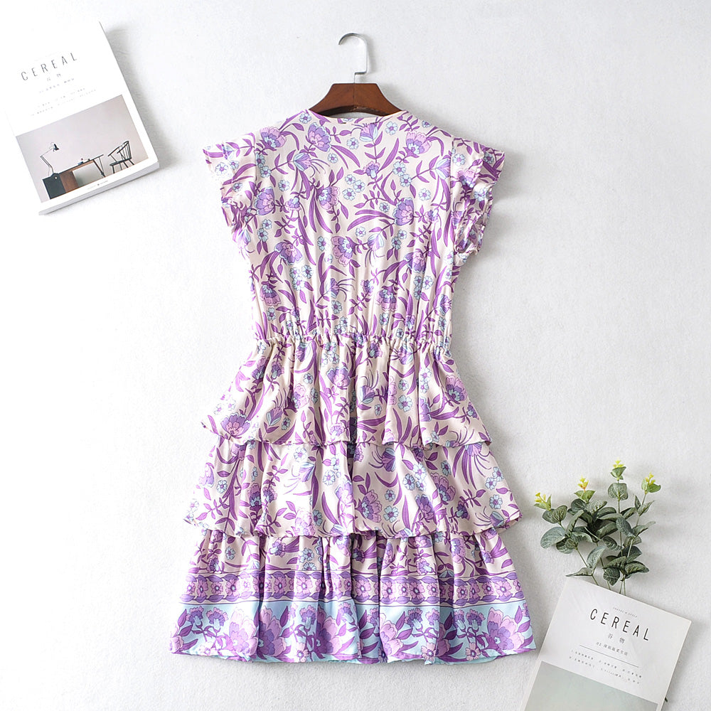 Autumn Winter Women Clothing Short Sleeve Ruffle Sleeve Printed Dress