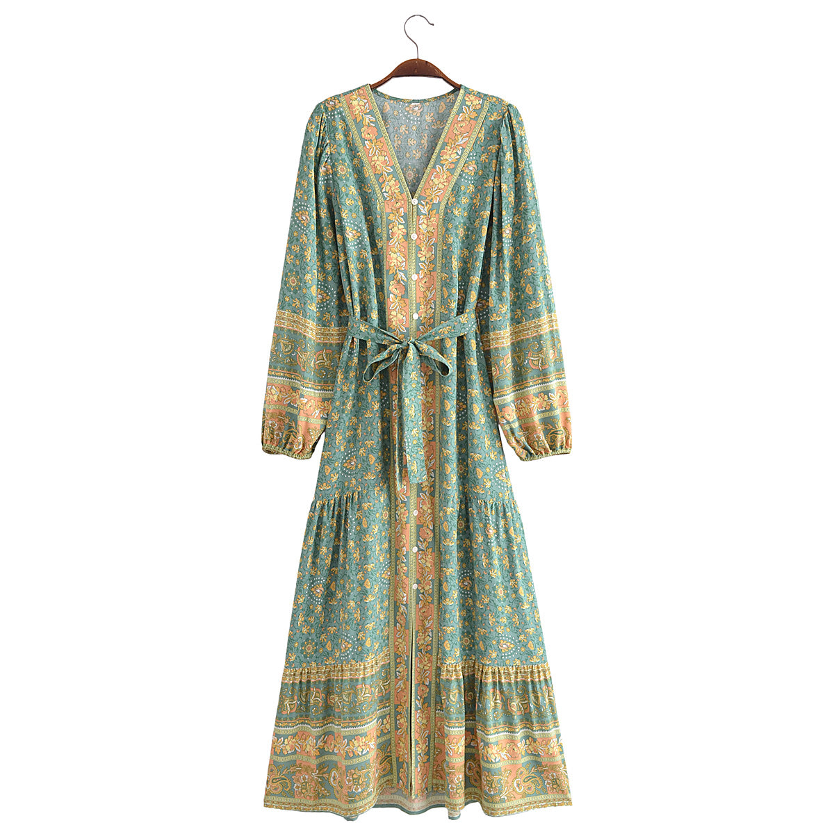 Autumn Casual Women Printed Cardigan Long Sleeve Belt Dress