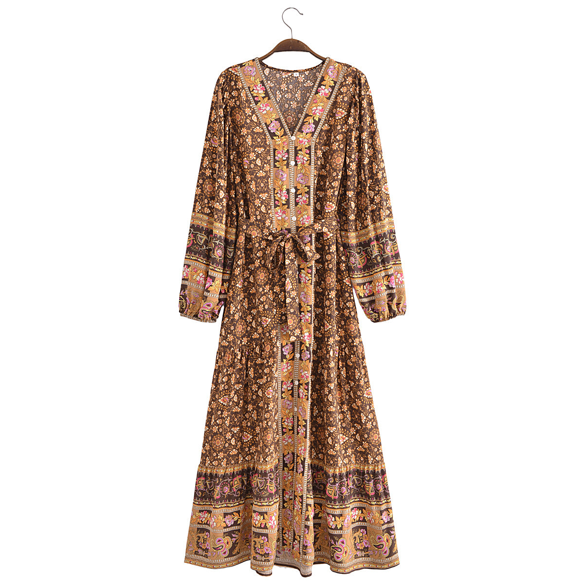 Autumn Casual Women Printed Cardigan Long Sleeve Belt Dress