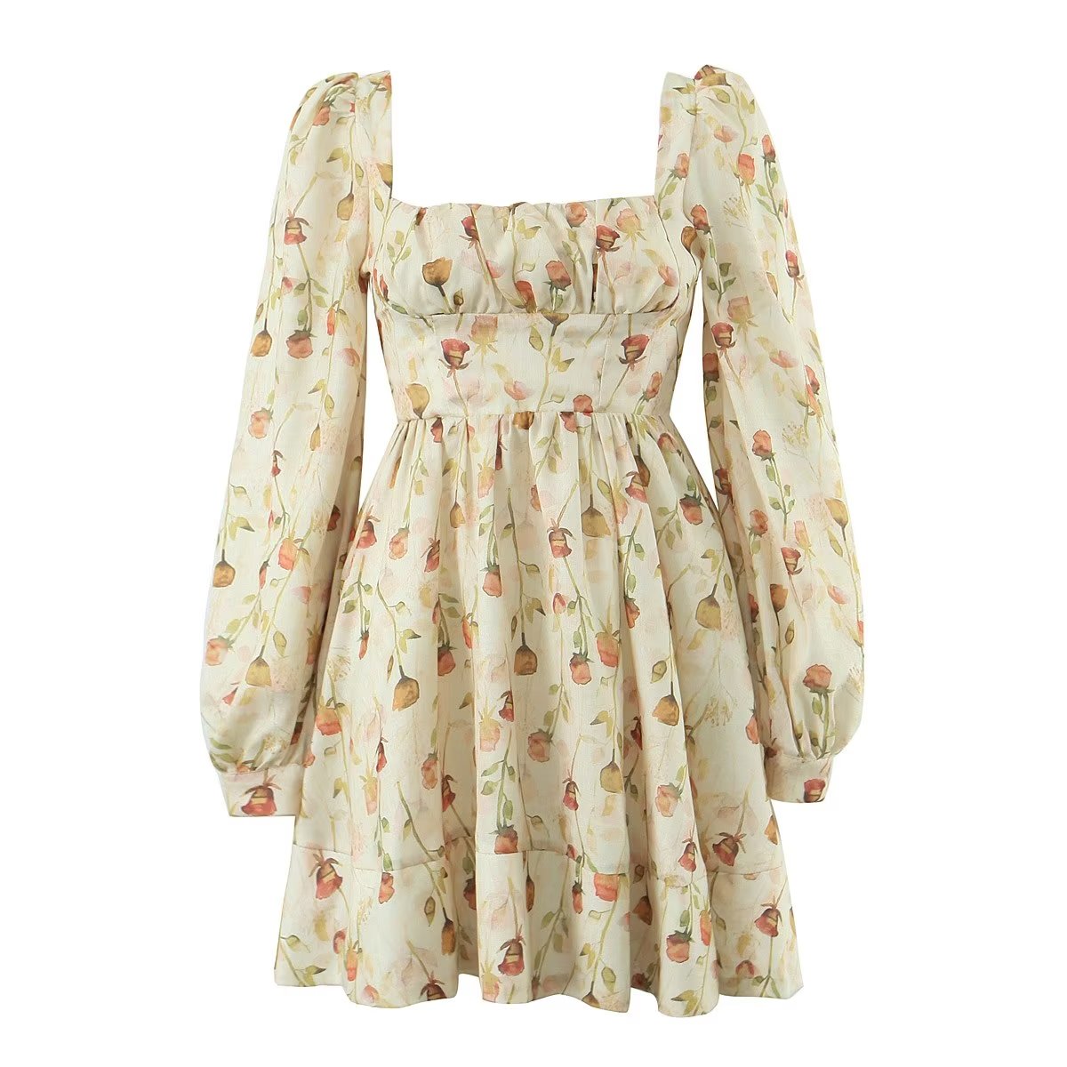 Robe courte à imprimé floral pour femme, vêtement d'automne et d'hiver, col carré