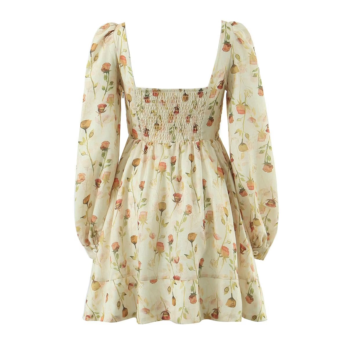 Autumn Winter Women Clothing Square Collar Floral Printed Dress Dress Short