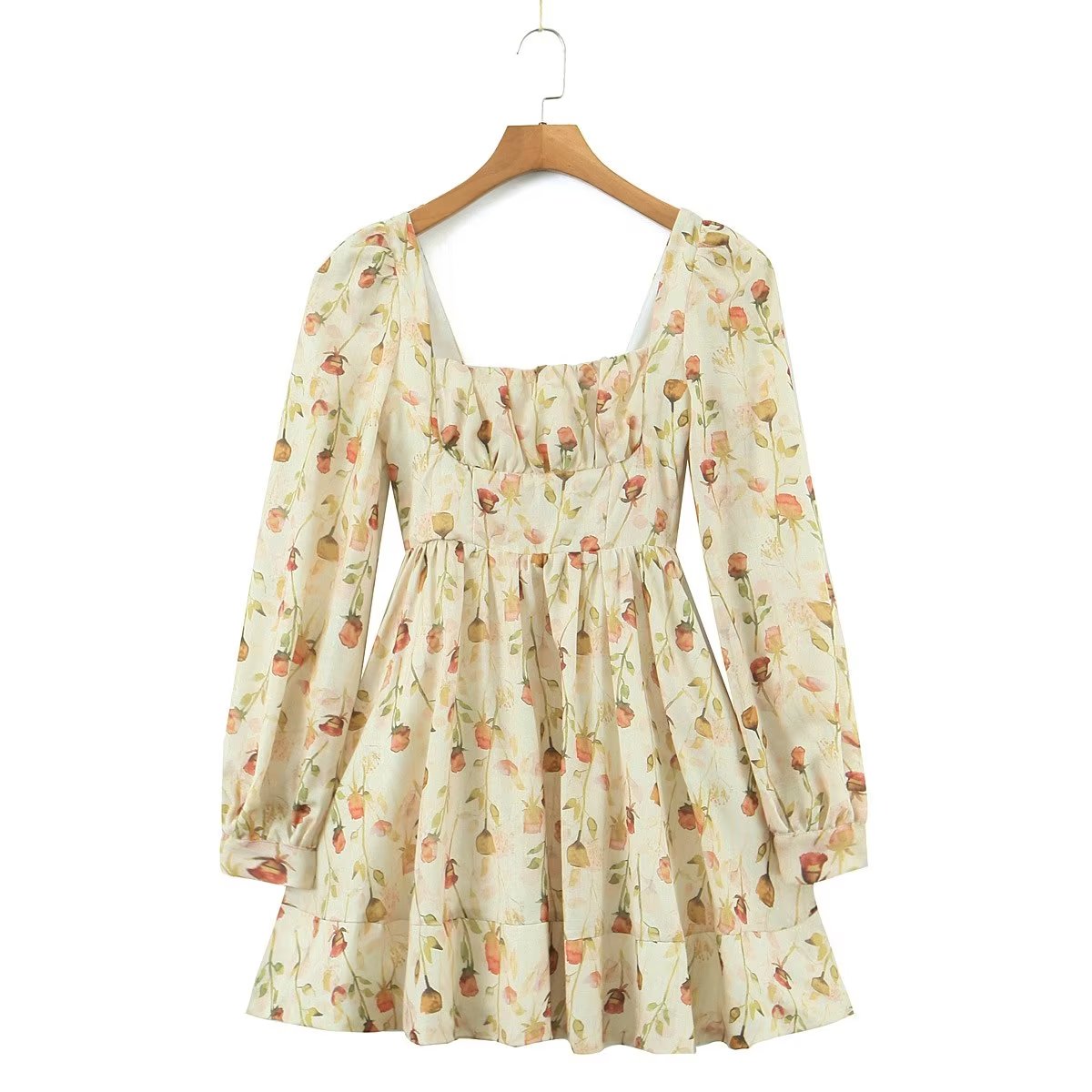 Autumn Winter Women Clothing Square Collar Floral Printed Dress Dress Short