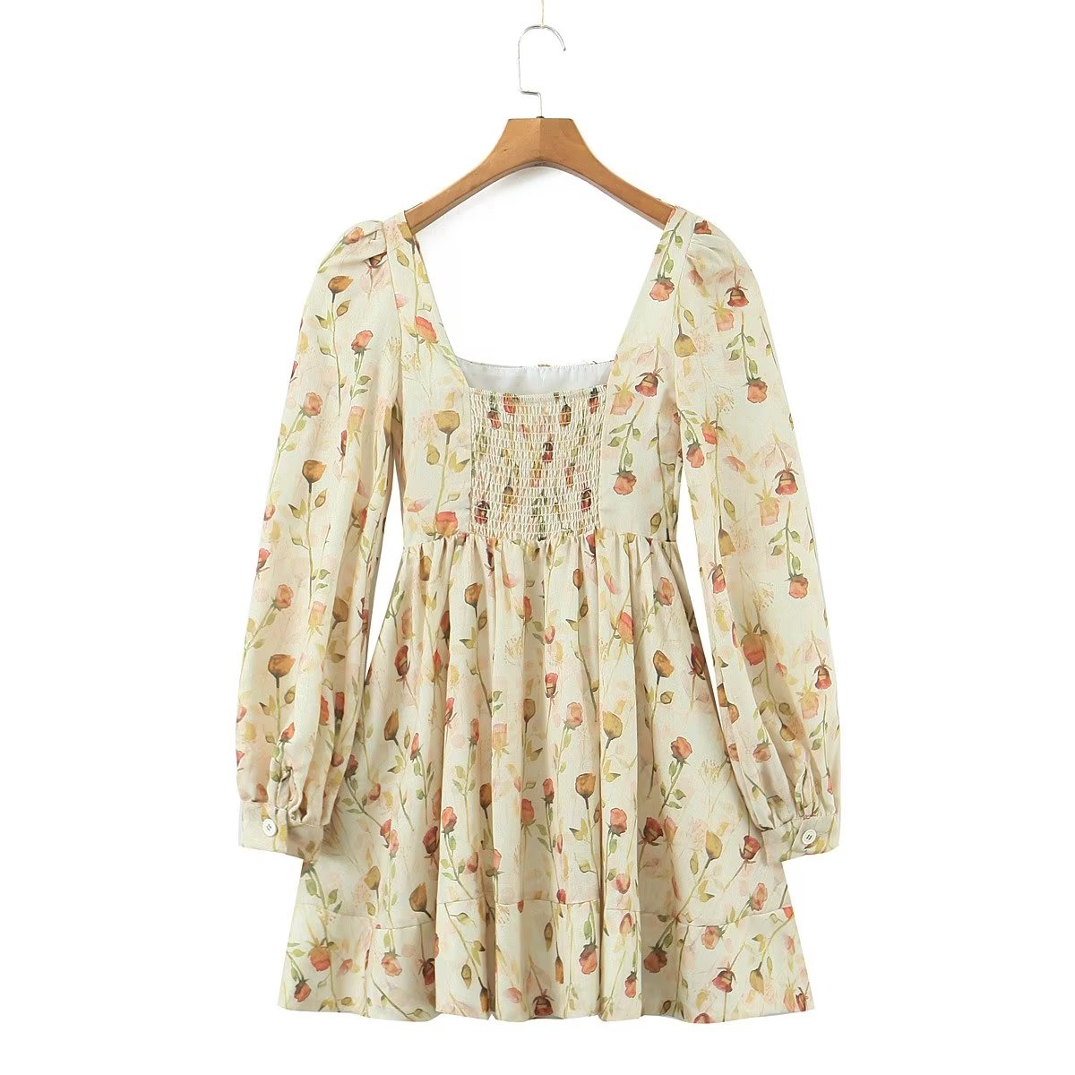 Autumn Winter Women Clothing Square Collar Floral Printed Dress Dress Short