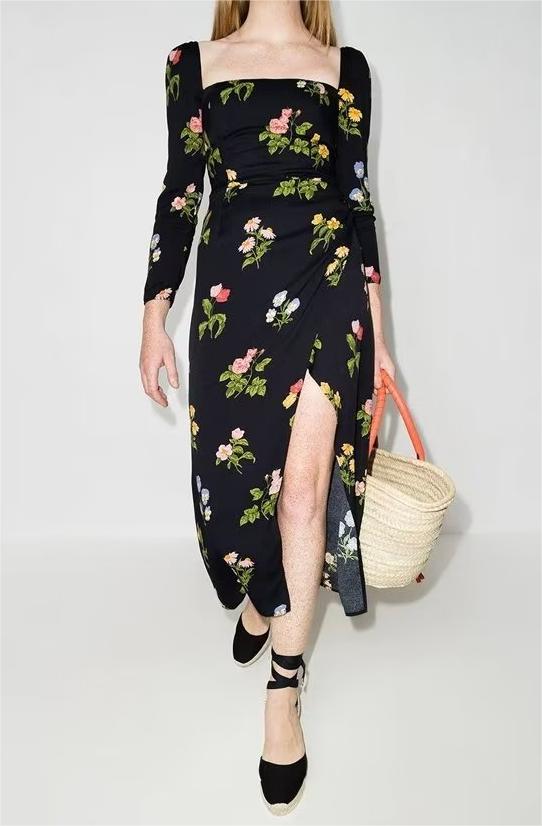 Robe à manches courtes et col carré pour femme, vêtement d'automne à imprimé floral