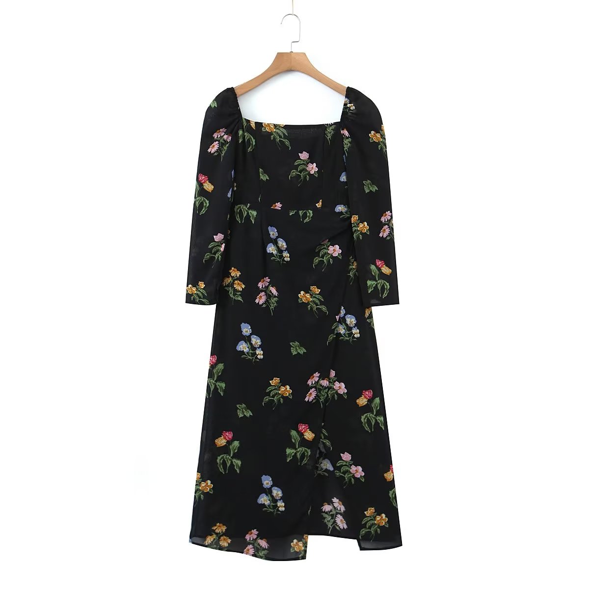 Vestido de mujer de otoño con cuello cuadrado y manga corta con estampado floral