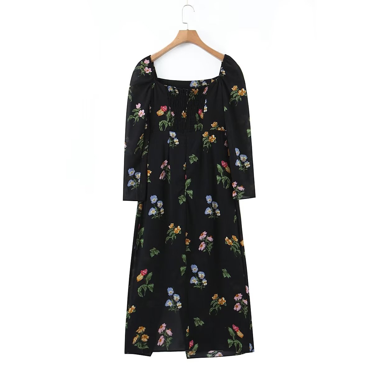 Autumn Women Clothing Square Collar Floral Short Sleeve Dress