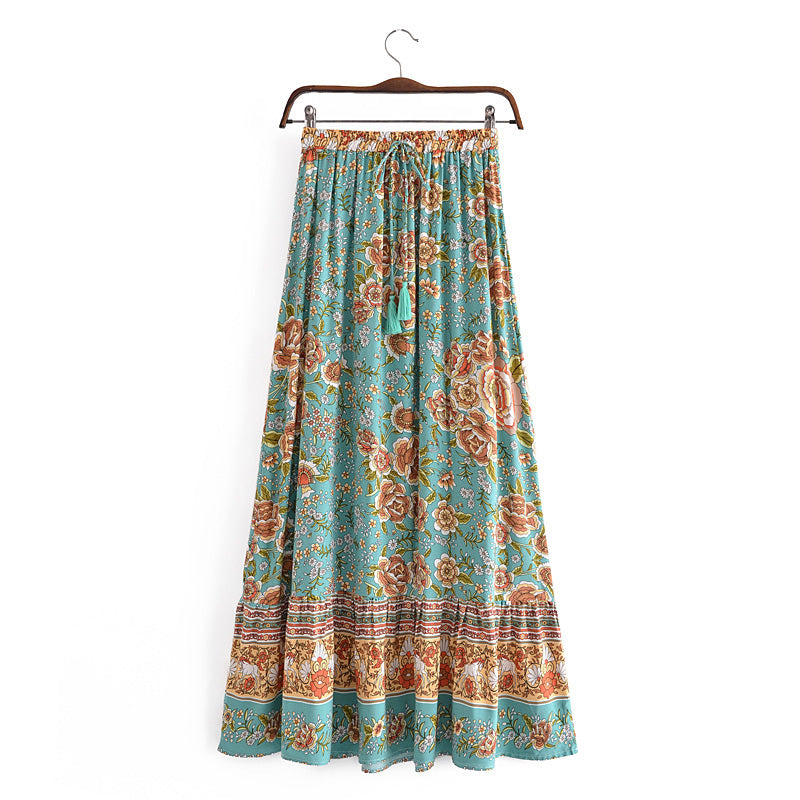 Bohemian Vacation Positioning Printing Tassel Tied Elastic Waist Big Hem Skirt Beach