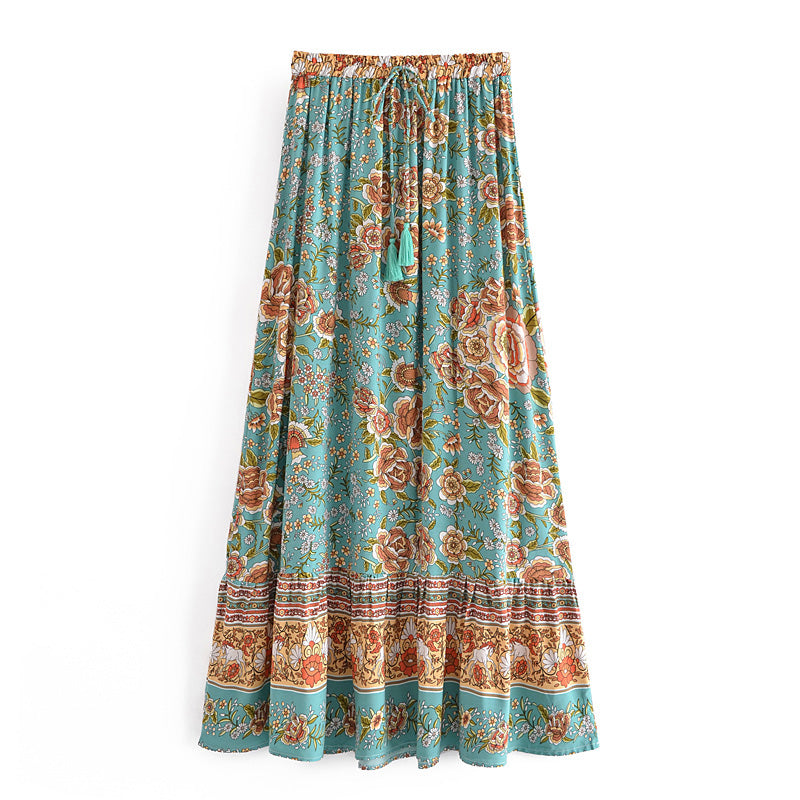 Bohemian Vacation Positioning Printing Tassel Tied Elastic Waist Big Hem Skirt Beach