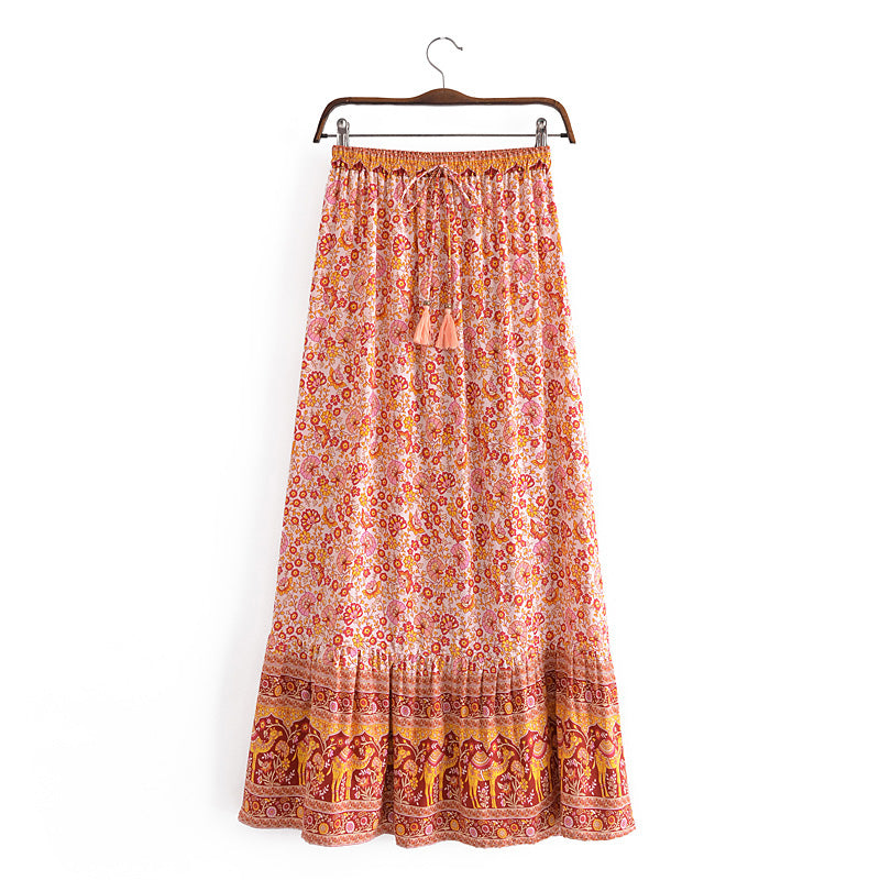 Bohemian Vacation Positioning Printing Tassel Tied Elastic Waist Big Hem Skirt