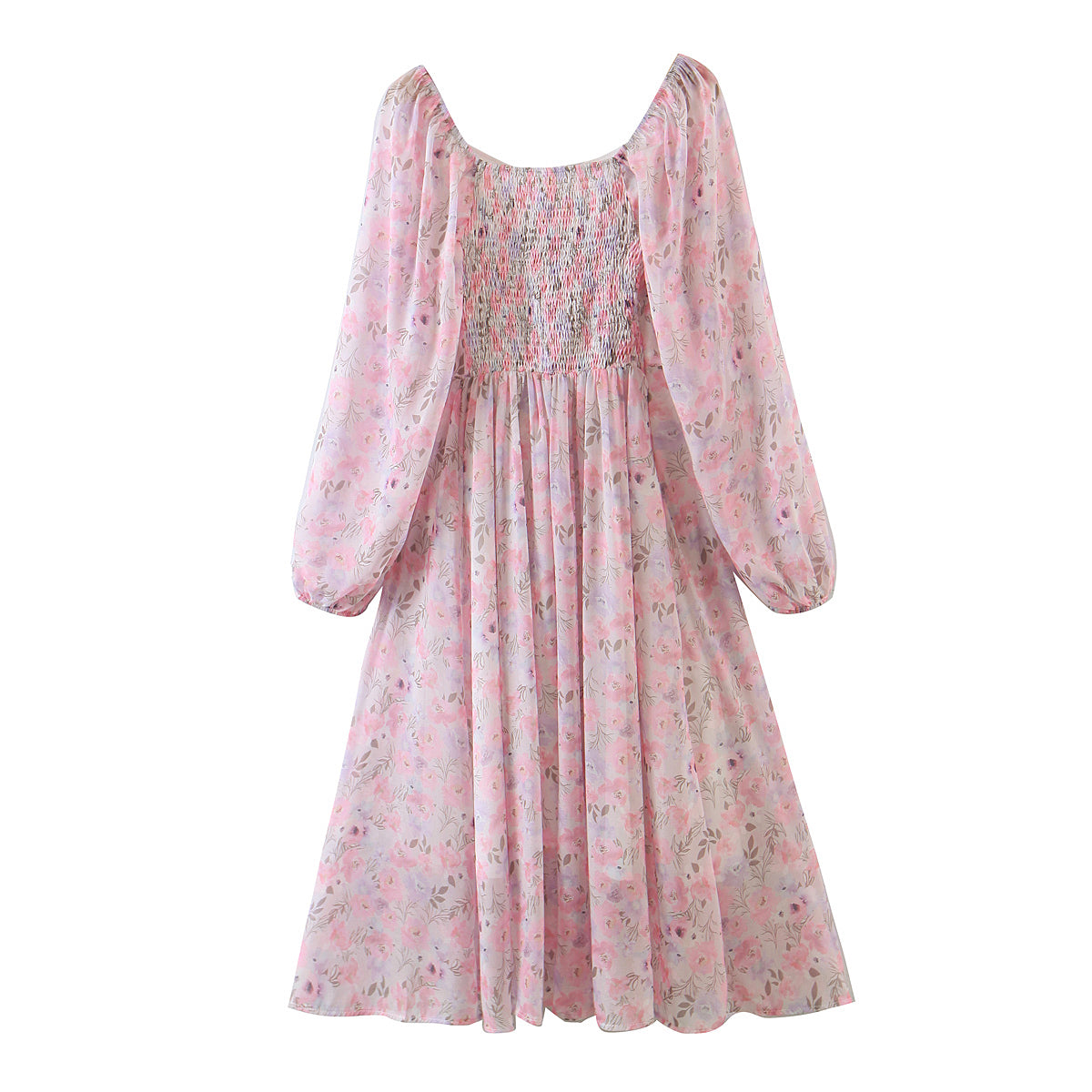 Robe longue en mousseline de soie élastique à manches longues pour femme, imprimé rose, printemps