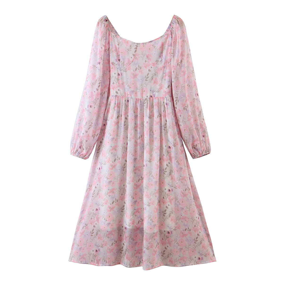 Robe longue en mousseline de soie élastique à manches longues pour femme, imprimé rose, printemps