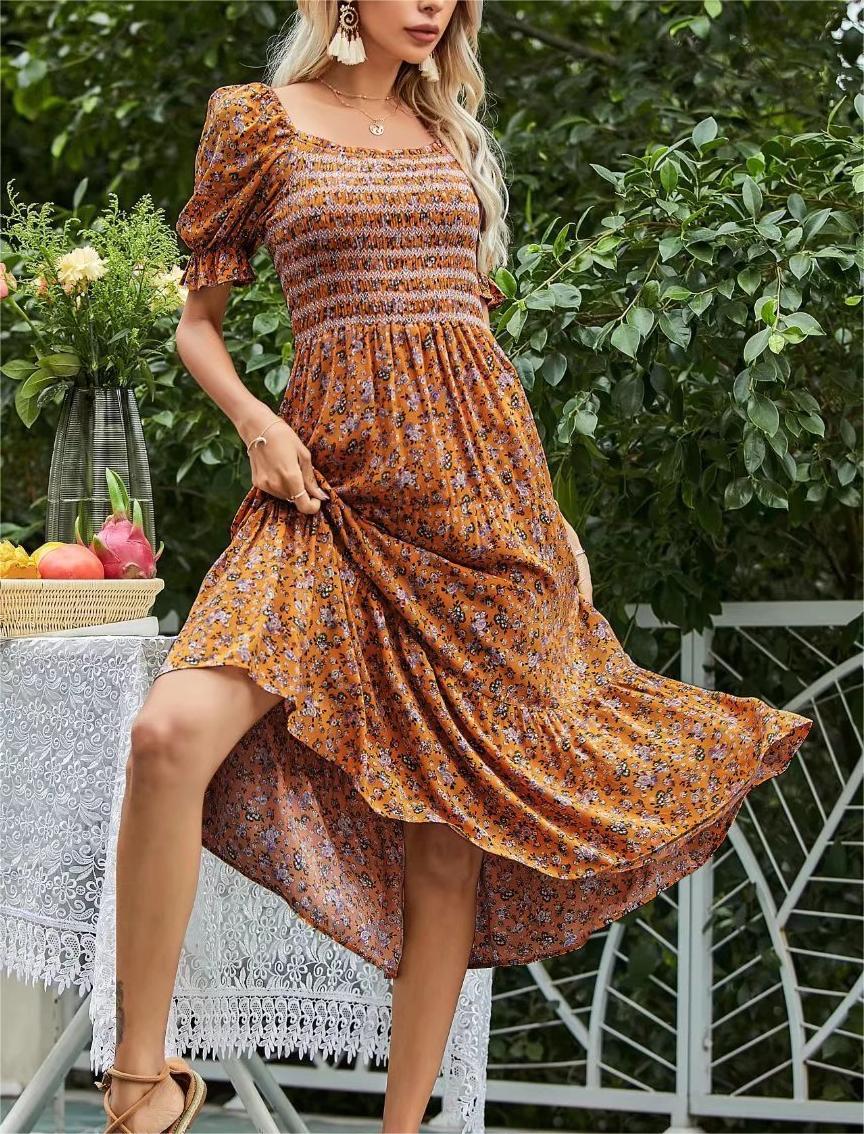 Vestido de verano para mujer, con estampado floral, manga corta, largo medio y elástico en el pecho