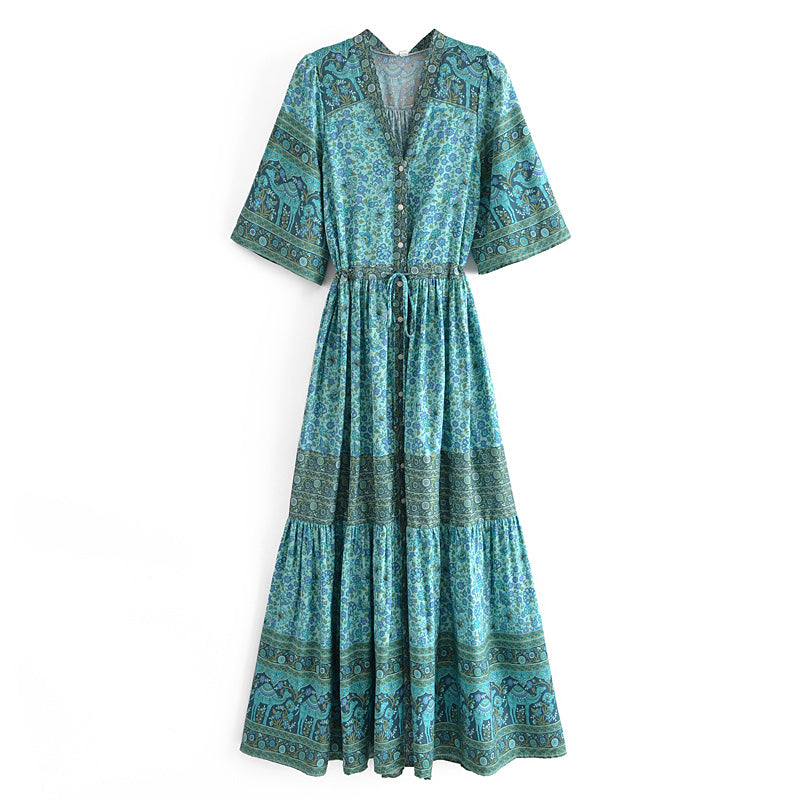 Bohemian Ethnic Vacation Summer Positioning Printed V neck Waist Controlled Large Hem Maxi Dress