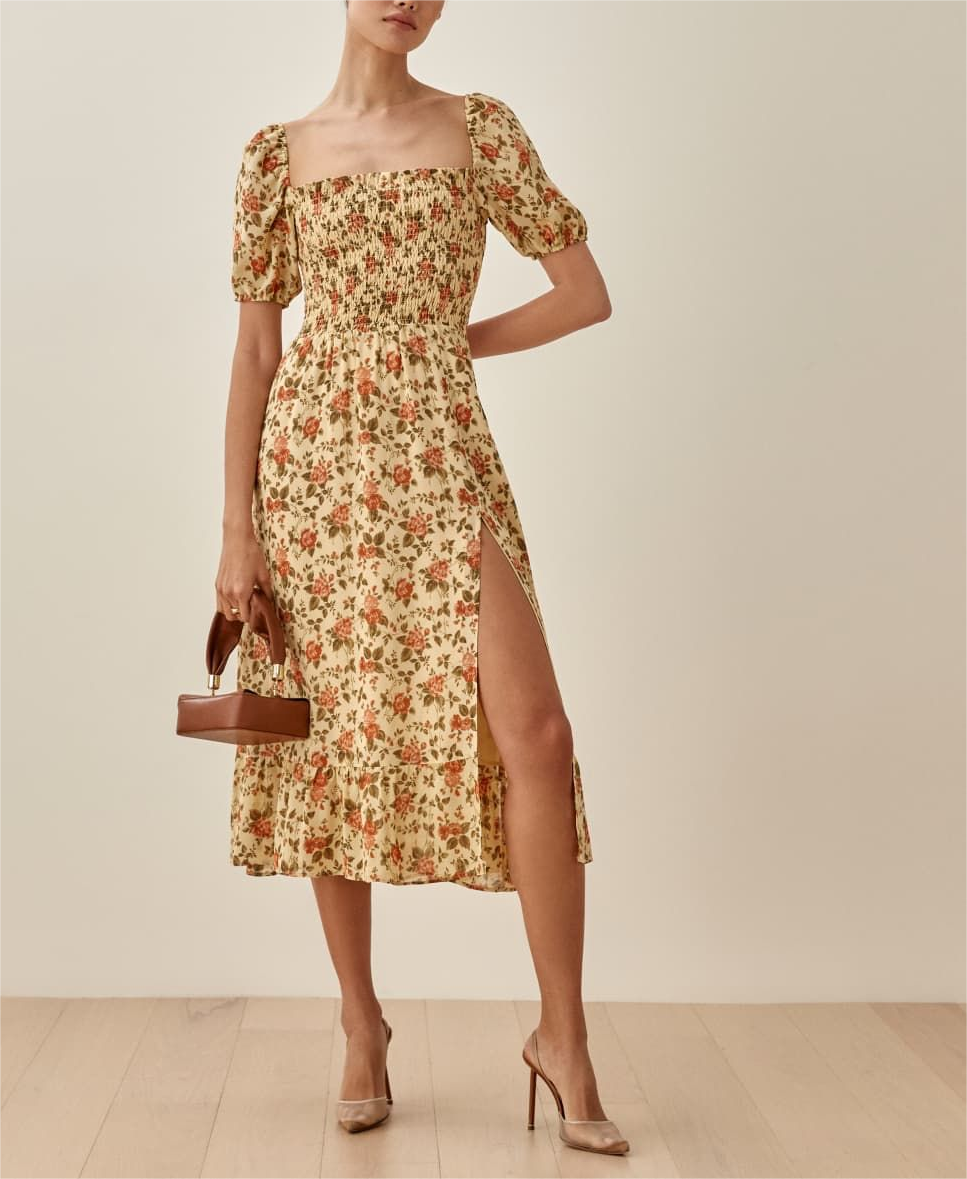 Vêtements de printemps pour femmes, col carré, manches courtes, taille haute, design élastique, robe mi-longue fendue pour femmes