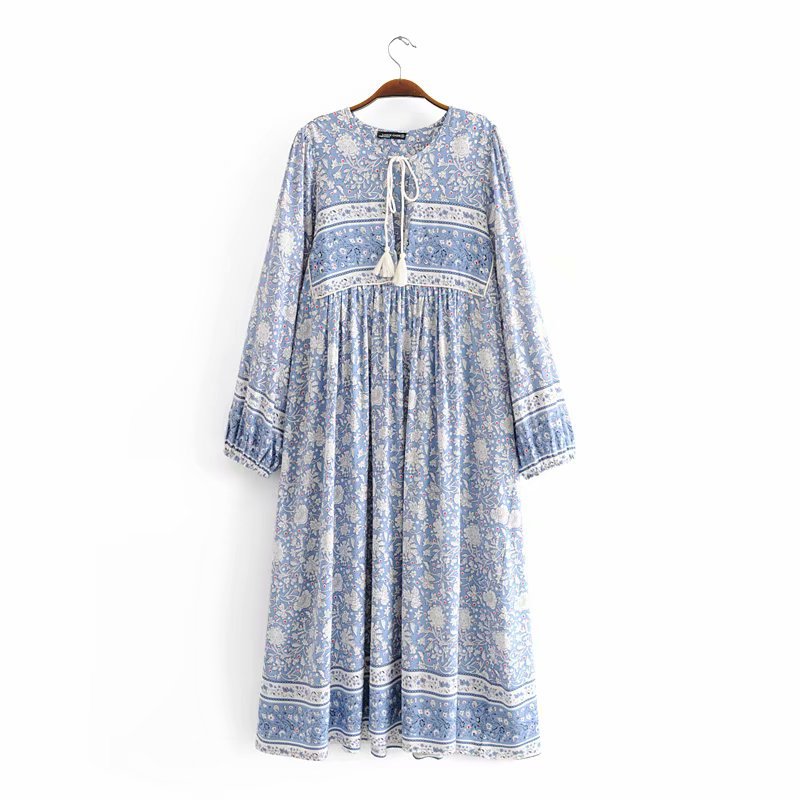 Robe longue en rayonne pour femme, printemps été, positionnement imprimé, bleu et blanc, porcelaine