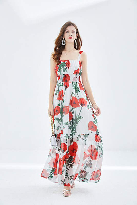 Robe longue à imprimé floral pour femme, tenue d'été, coupe trapèze