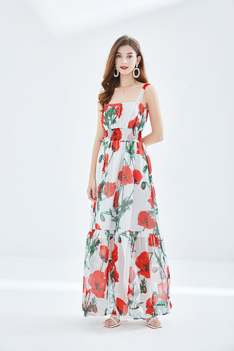 Robe longue à imprimé floral pour femme, tenue d'été, coupe trapèze