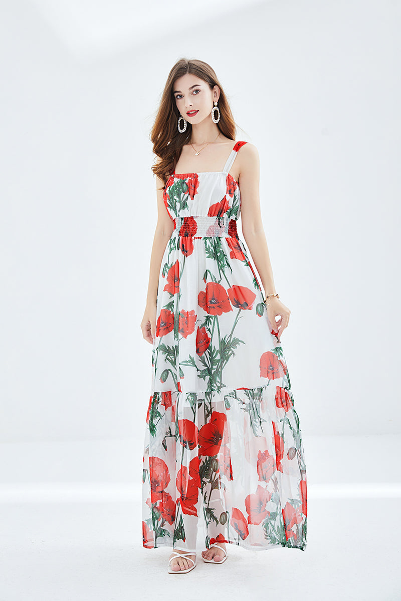 Robe longue à imprimé floral pour femme, tenue d'été, coupe trapèze