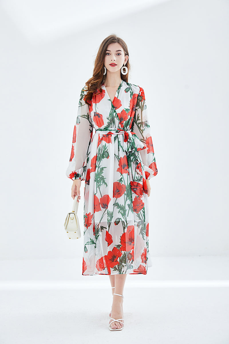 Women Spring Fall Vacation V Neck Floral Belted A Line Maxi Dress