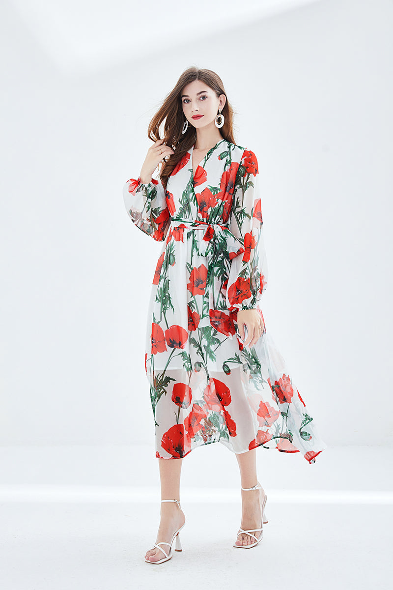 Women Spring Fall Vacation V Neck Floral Belted A Line Maxi Dress