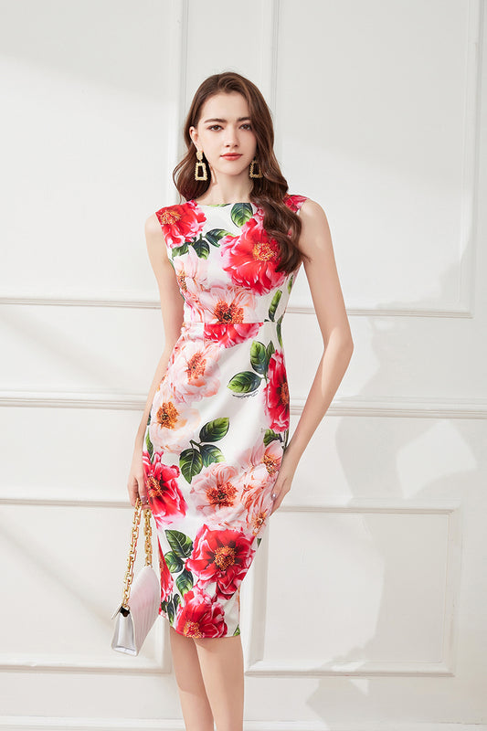 Women Summer Vacation Crew Neck Floral A Line Midi Dress