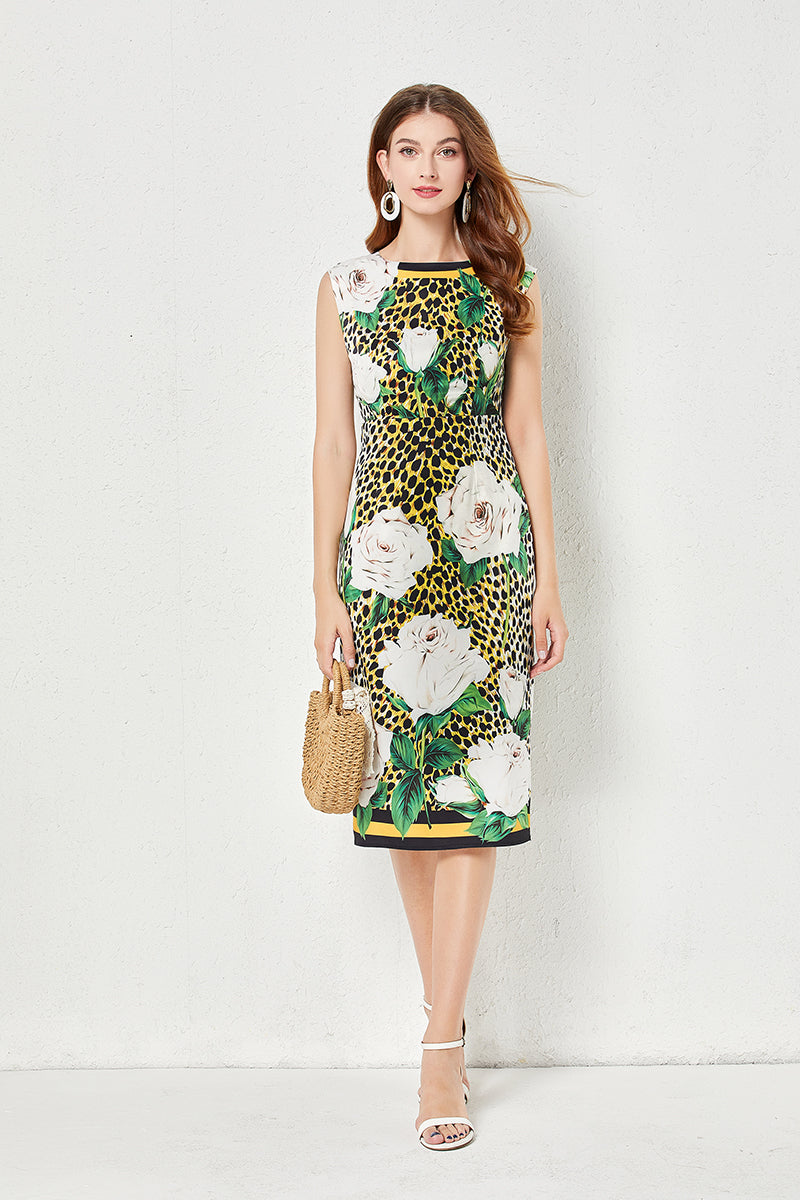 Women Summer Vacation Crew Neck Floral A Line Midi Dress