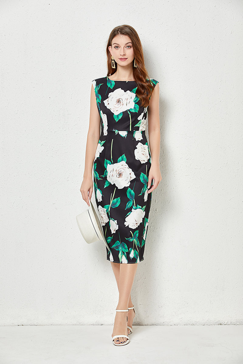 Women Summer Vacation Crew Neck Floral A Line Midi Dress