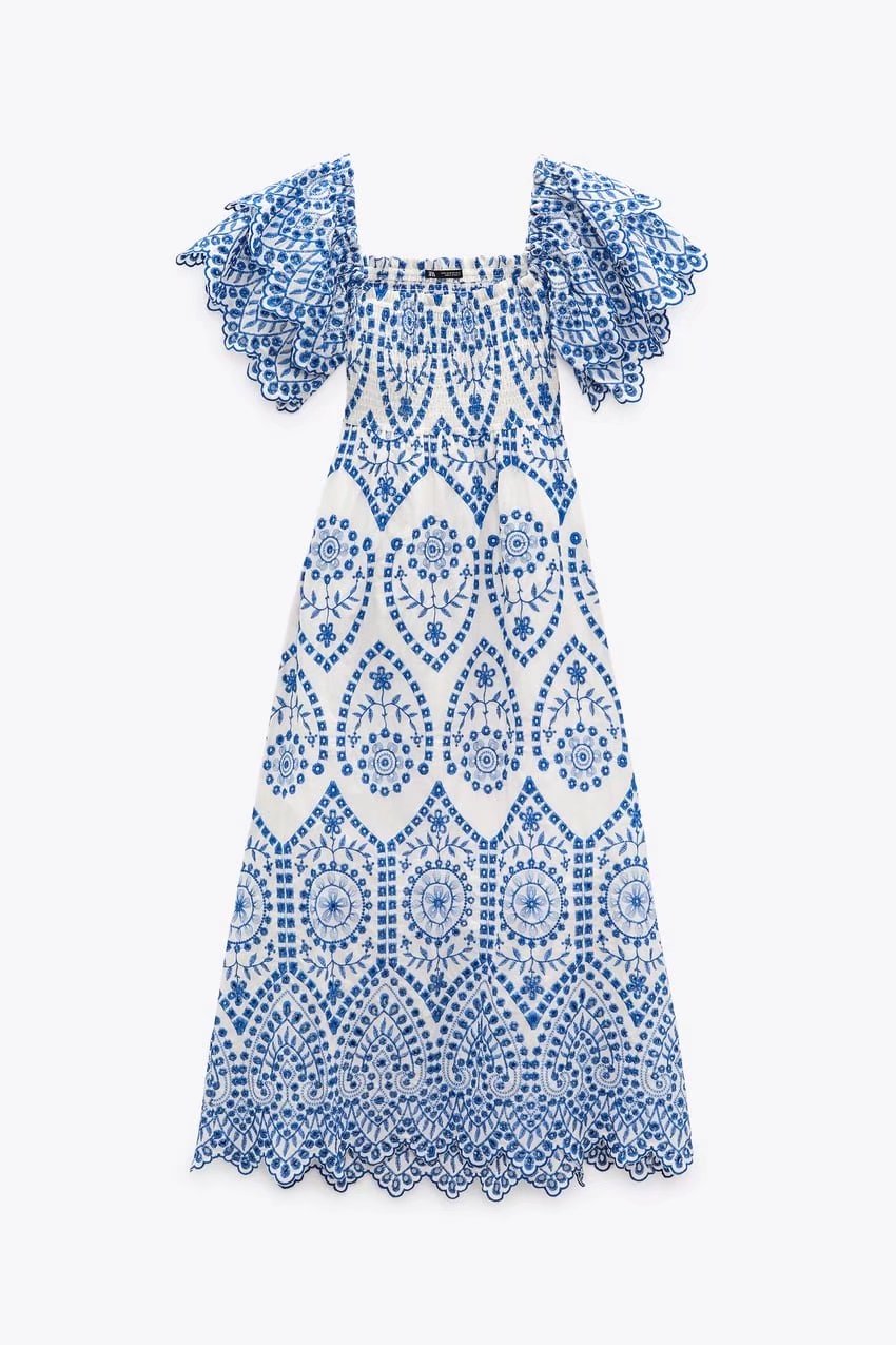 Vestido largo de verano para mujer, con cuello cuadrado, bordado, mangas con volantes, cintura adelgazante