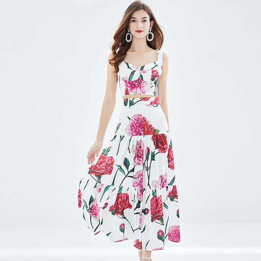 Ensemble deux pièces jupe sans bretelles tridimensionnelle avec coutures et imprimé rose pour femme, printemps et été