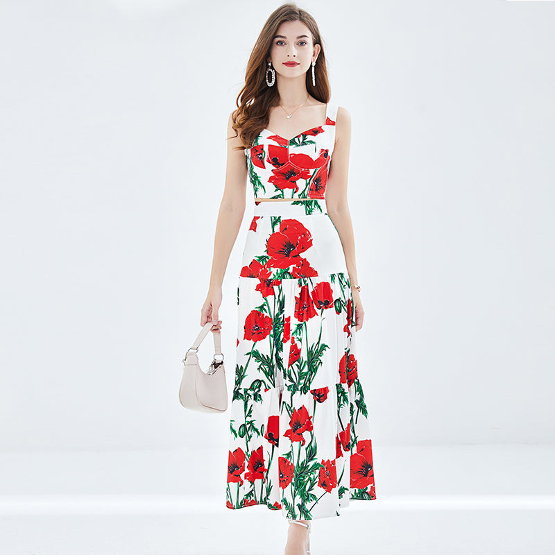 Women Spring and Summer New Rose Printing Stitching Three dimensional Strapless Skirt Two piece Set