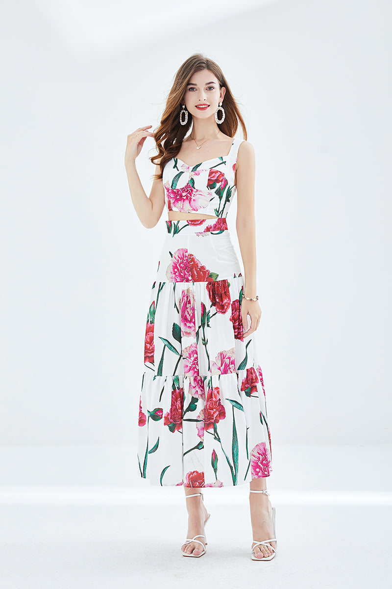 Women Spring and Summer New Rose Printing Stitching Three dimensional Strapless Skirt Two piece Set