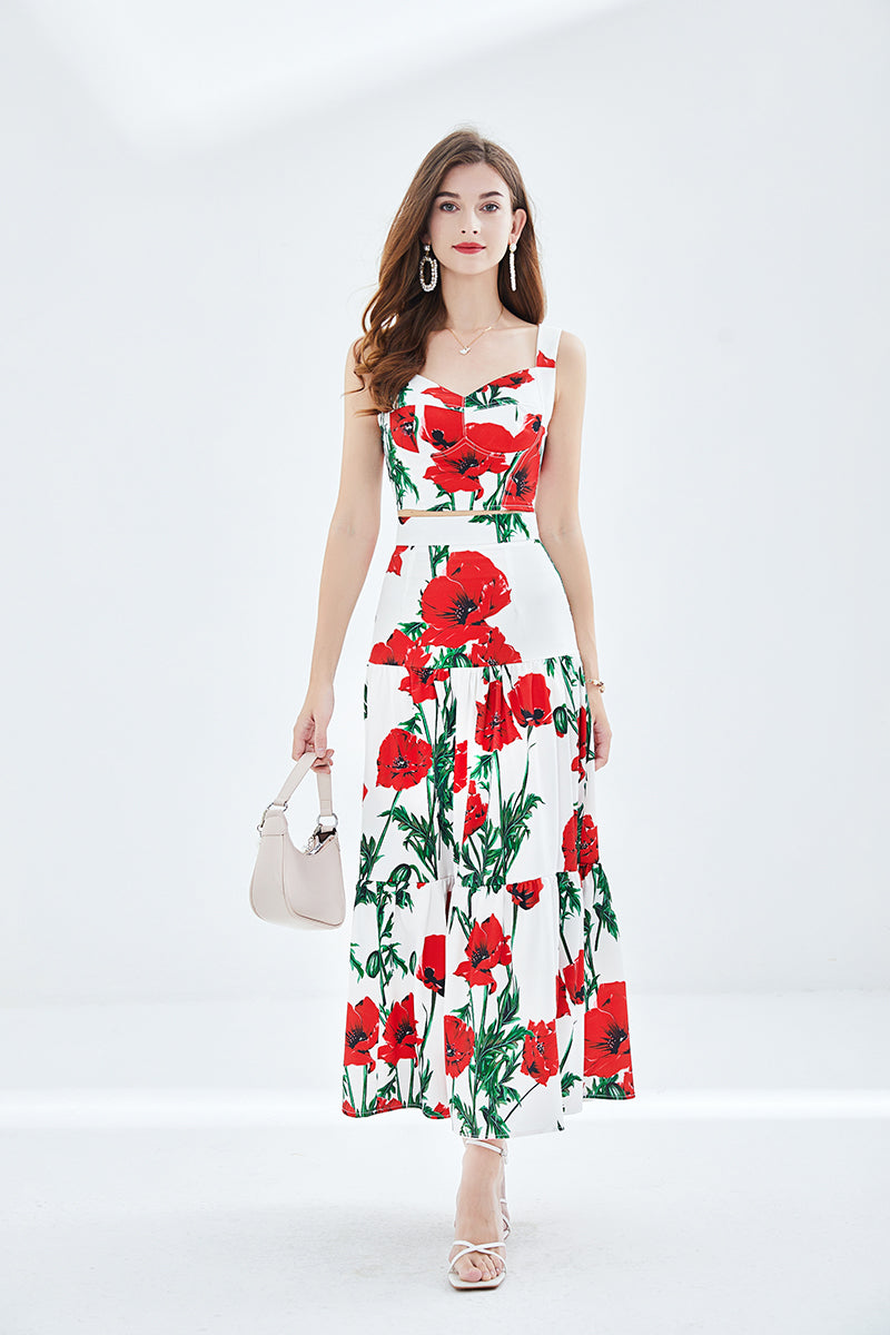 Women Spring and Summer New Rose Printing Stitching Three dimensional Strapless Skirt Two piece Set