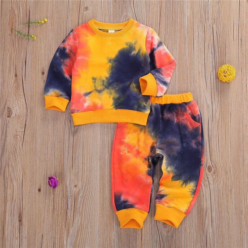 Conjunto de ropa para niños Tie-Dye Tops con cuello en O de manga larga para niños pequeños