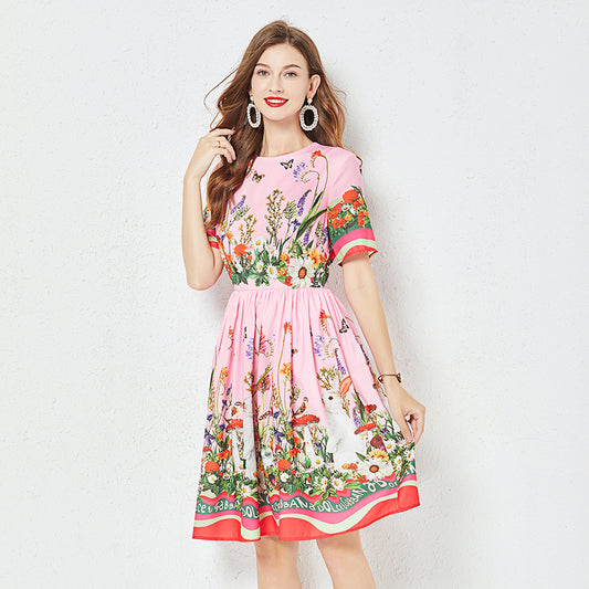 Vestido de verano para mujer, nuevo, con estampado de flores y mariposas, de gran tamaño, con vuelo, manga corta, corte A