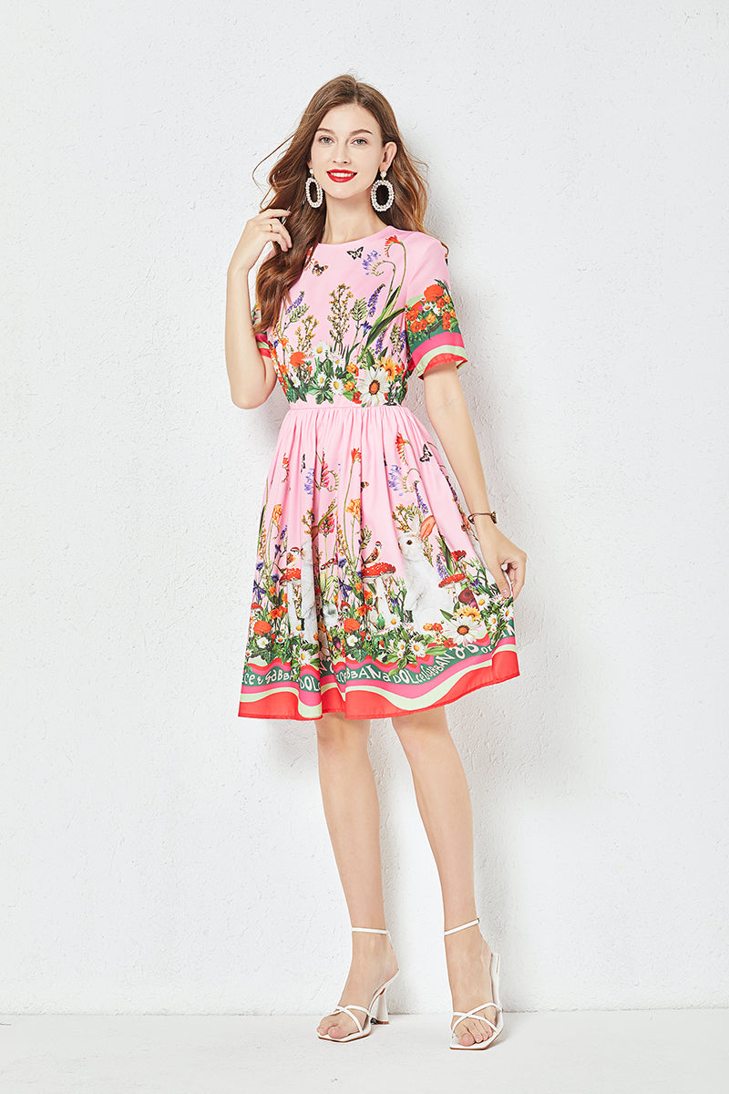 Women Summer New Positioning Butterfly Flower Print Large Swing Dress Short Sleeve A line Dress