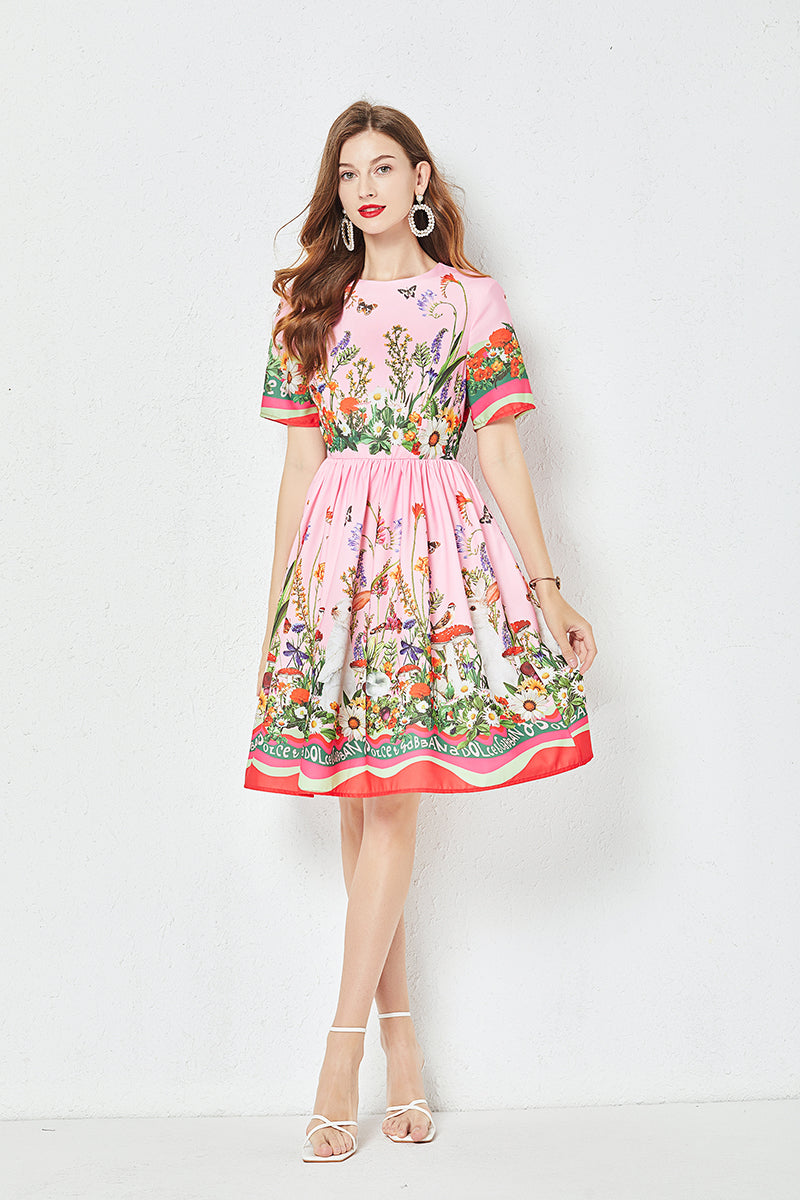 Women Summer New Positioning Butterfly Flower Print Large Swing Dress Short Sleeve A line Dress