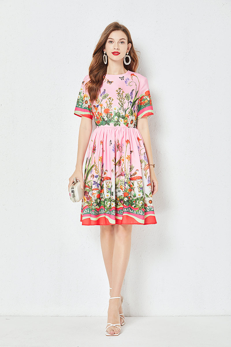 Women Summer New Positioning Butterfly Flower Print Large Swing Dress Short Sleeve A line Dress