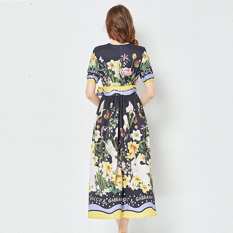 Women Summer New Positioning Flower Print Large Swing Dress Short Sleeve A line Dress