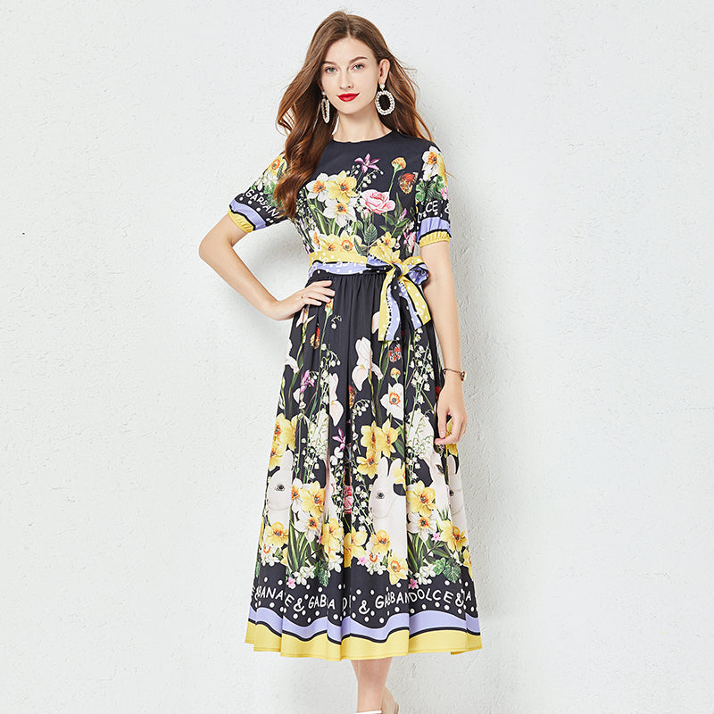 Women Summer New Positioning Flower Print Large Swing Dress Short Sleeve A line Dress