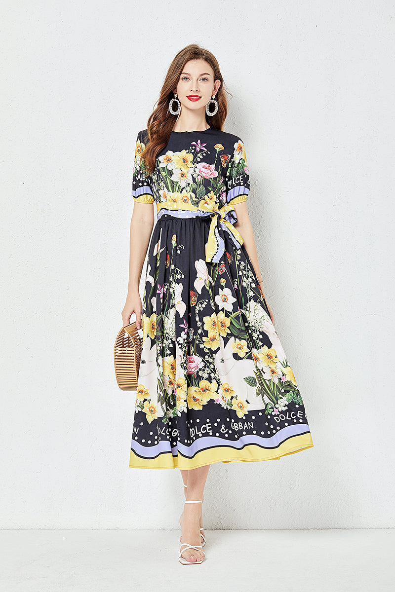 Women Summer New Positioning Flower Print Large Swing Dress Short Sleeve A line Dress