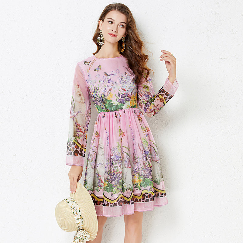 Women Summer Positioning Rabbit Flower Print Large Swing Dress Long Sleeve A line Dress