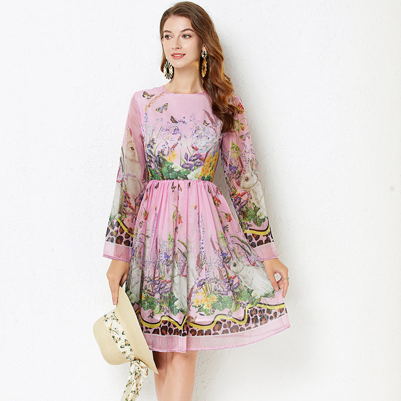 Women Summer Positioning Rabbit Flower Print Large Swing Dress Long Sleeve A line Dress