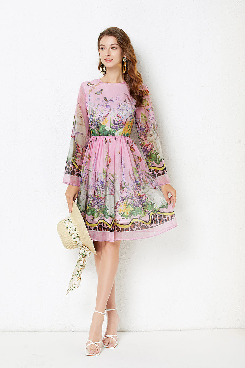 Women Summer Positioning Rabbit Flower Print Large Swing Dress Long Sleeve A line Dress