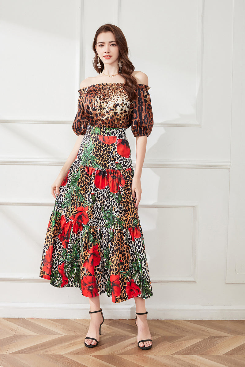 Women Summer Sexy off shoulder Leopard Print Short Sleeve Top Leopard Print Flower Big Dress Fashion Two piece Set