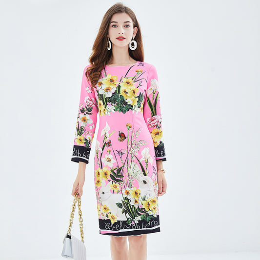 Women Summer Positioning Print Elegant High Waist Hip Dress High Waist Long Sleeve Round Collar Dress