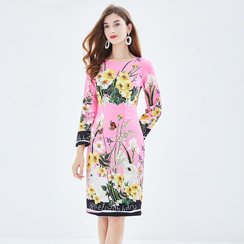 Women Summer Positioning Print Elegant High Waist Hip Dress High Waist Long Sleeve Round Collar Dress