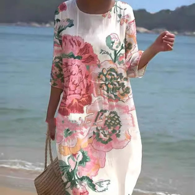 Robe à col rond à imprimé floral printemps et été