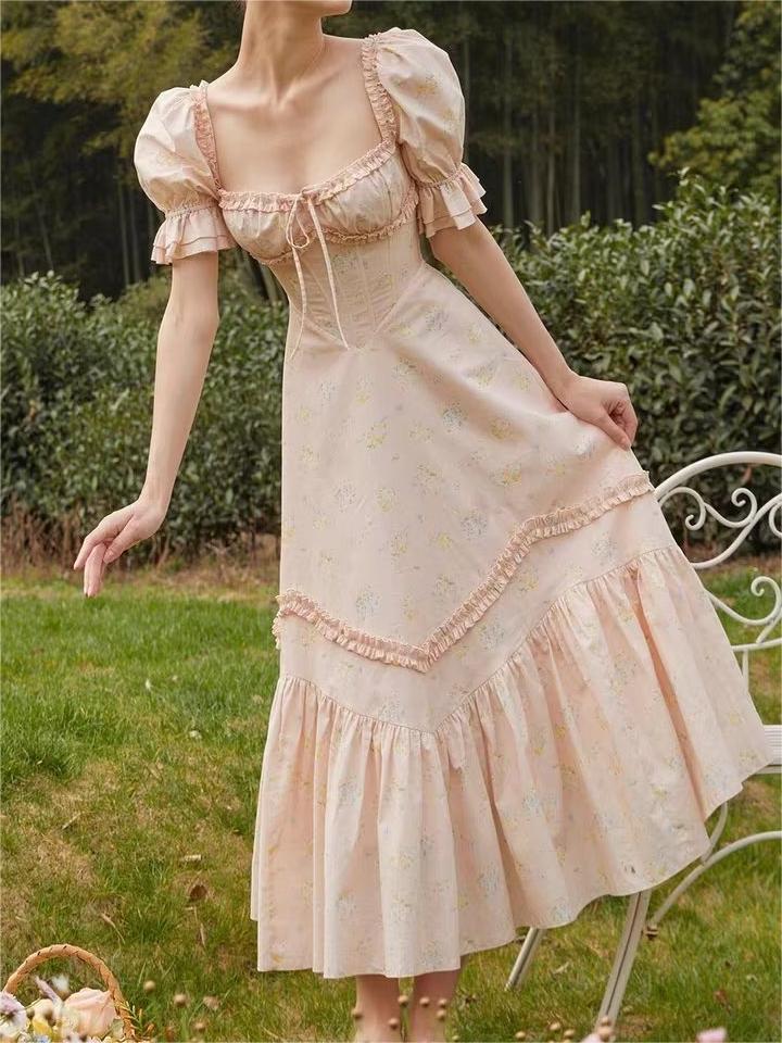 Robe de fée d'été élégante pour femmes, petite, col carré, manches bouffantes, premier amour français, douce robe en mousseline de soie, pause thé, robe florale